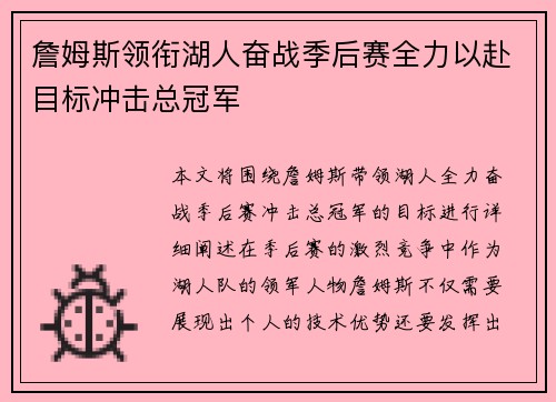 詹姆斯领衔湖人奋战季后赛全力以赴目标冲击总冠军
