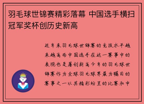 羽毛球世锦赛精彩落幕 中国选手横扫冠军奖杯创历史新高
