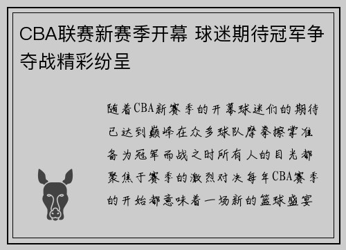 CBA联赛新赛季开幕 球迷期待冠军争夺战精彩纷呈