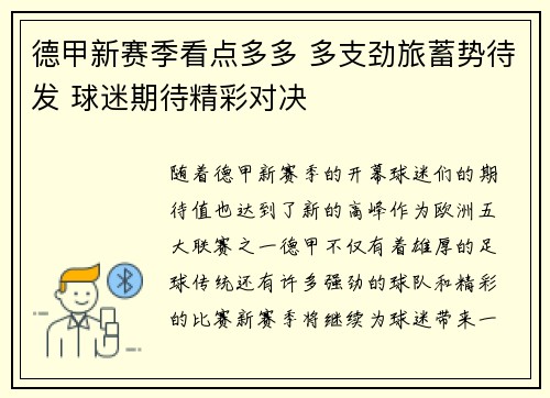 德甲新赛季看点多多 多支劲旅蓄势待发 球迷期待精彩对决