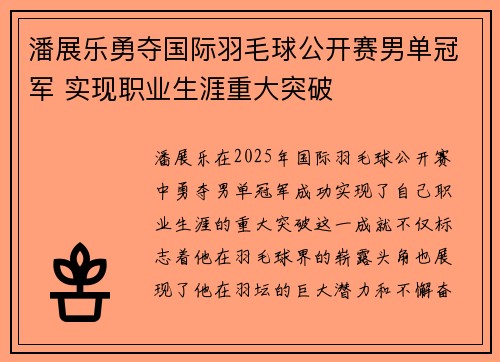 潘展乐勇夺国际羽毛球公开赛男单冠军 实现职业生涯重大突破